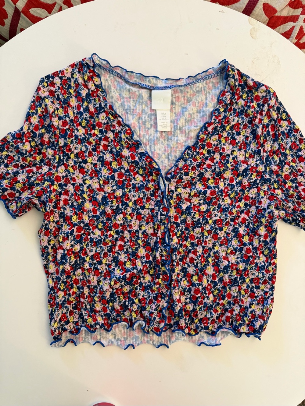 H&M Floral Ruffle-Trim Cropped Button Top - Blue/Red/Yellow